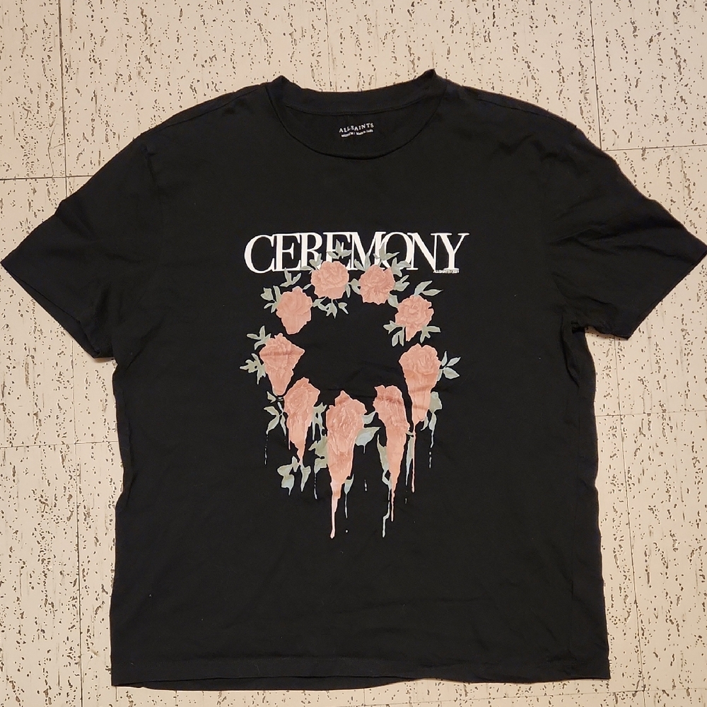 All Saints Black Ceremony Spellout Melting Roses Graphic Crewneck  T-Shirt